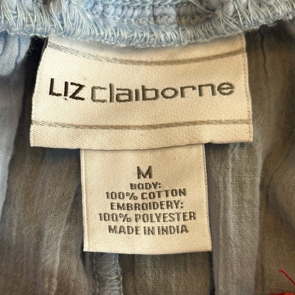 Liz Claiborne | Light Blue 100% Cotton Boho Blouse with Red Floral Embroidery - Picture 4 of 5